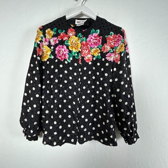 Vintage Maggy London Womens 100% Silk Floral Polka Dot Blouse Size 6 Black Multi - Picture 1 of 8